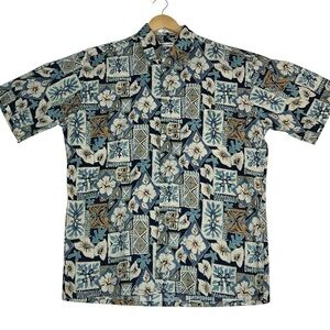 Pierre Cardin Men's Blue and Brown Hawaiian Patterned Shirt size Medium
